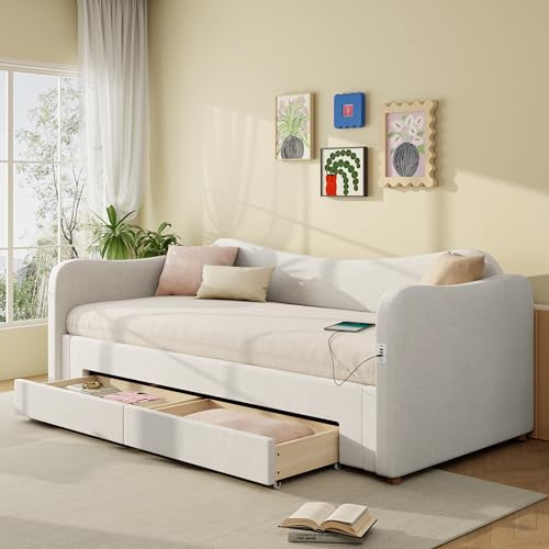 Arhatreya Sängklädsel, 90/180 x 200 cm, bäddsoffa med 2 lådor, bäddsoffa med utdragbar säng, ungdomssäng, sängram med USB-port för vardagsrum, sovrum (utan madrass), beige, sammet