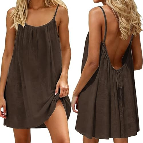 makabaky Robe d'Été Femme Dos Nu Caraco Courte Fluide Légère Plage Vacances | Ample, Manche courte, Tendance 2026, Confortable, Polyvalente, Décontractée, Quotidien, Loisir, Sortie, Mode