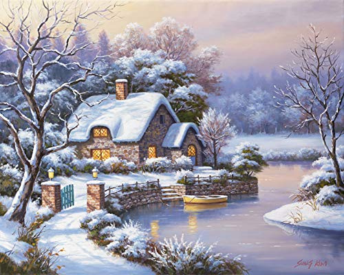 YEESAM ART Neuerscheinungen Malen nach Zahlen für Erwachsene Kinder - Winter Seeufer Schnee Haus 16 * 20 Zoll Leinen Segeltuch - DIY ölgemälde ölfarben Weihnachten Geschenke