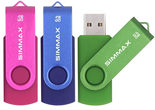 SIMMAX 3 Pack 64GB Memory Stick USB 2.0 Flash Drives Swivel Thumb Drive Pen Drive (64GB Pink Blue Green)