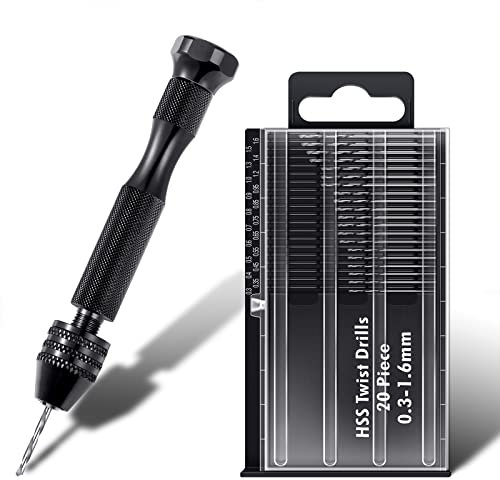 21 Piece Set of Pin Vise Includes Hand Drill Pin Vise and 20 Pieces Mini Helix Drill Bits (0.3 to 1.6 mm) for DIY Wood Clay Resin Casting Pendant Jewellery Making