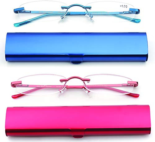 Women's 2 Pack Compact Reading Glasses - Slim, Frameless, Lightweight Readers in Tube With Aluminum Case - Blue & Red 2.50