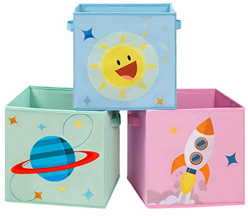 SONGMICS Cajas de Almacenaje, Juego de 3, Organizadoras de Juguetes, Cubos Plegables con Asas, para Habitación de Niños, Sala de Juegos, 30 x 30 x 30 cm, Tema del Espacio, Azul, Verde y Rosa RFB001Y03