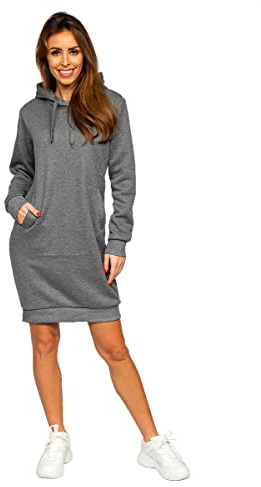 BOLF Femme Sweat Long ? Capuche ? la Mode Hoodie Robe Sweat-Shirt ? Manches Longues Automne Hiver en Coton Couleur Unie Poche Kangourou YS10005 Graphite L [A1A]