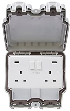 Lieber Silk White 2 Gang Outdoor 3.1A USB Switch Weatherproof Power Socket IP66 Rated Wall Electrical Outlet Hard Standing All Weather and Storm Proof