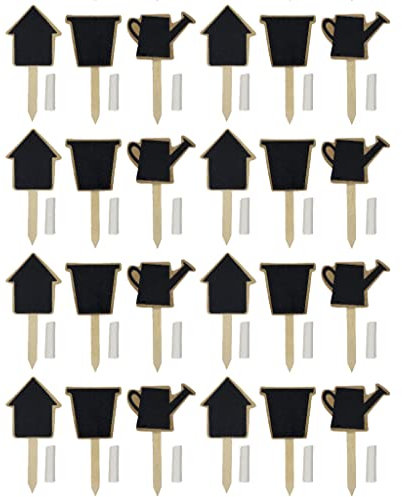 24 Stück Set Pflanzenschilder Holz-Pflanzenstecker Beet-Stecker Stecketiketten Kräuterschilder mit schwarzerTafelfläche und Kreide (8x Blumentopf - 8x Haus - 8x Gießkanne)