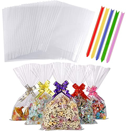 100 Stück Durchsichtige Cellophantüten 25x15 cm,Süßigkeiten Tüten | Süßigkeiten Geschenkbeutel mit 100 Krawatten,Kekstüten für Hochzeit Geburtstag Weihnachten Halloween Party Kindergeburtstage