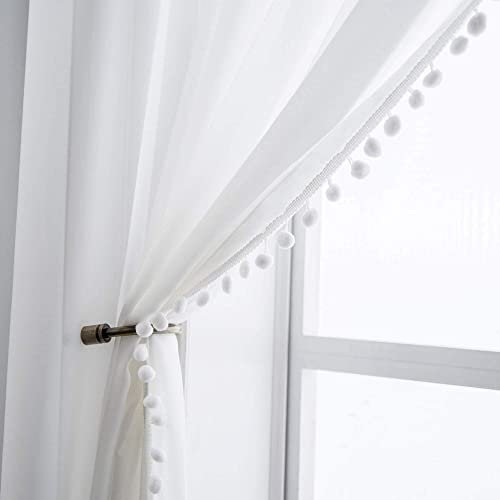 INDACORIFY Einfarbiger weißer Baumwollvorhang, weiße Bommelquasten, Boho-Fensterbehandlungsset, Türbehang, Balkonzimmer, böhmische Dekoration, Vorhang Boho-Set mit 2 Bahnen (82X40 Inches(2))