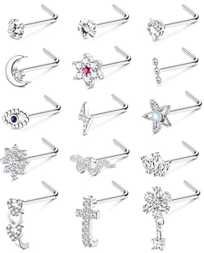 Adramata 15 Pcs 20G Nasenpiercing Stecker Nasenring für Damen Herren Chirurgenstahl Nasenpiercing L/Schraube Geformt Nasenstecker Schlange Blume Silber Gold Nasenstecker Nasenpiercing Schmuck
