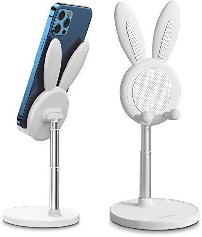 OATSBASF Niedlicher Hase Handy Ständer, verstellbare Tisch Handy Halterung, Dickes Gehäuse Freundlich Phone Holder, kompatibel mit iPhone, Kindle, iPad, Schalter, Tablets, Allen Telefonen (Weiß)