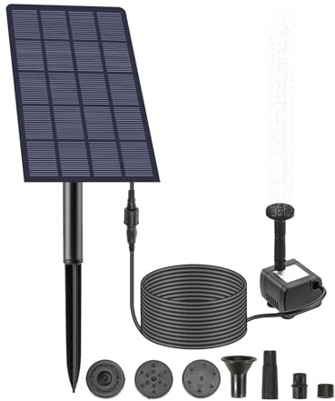 Ailgely Fuente Solar 2.5W Fuente de Jardín Solar, Bomba Solar Agua con 4 boquillas, 160L/H, Bomba de Estanque Solar para baño de pájaros, pecera, Decoración del Jardín