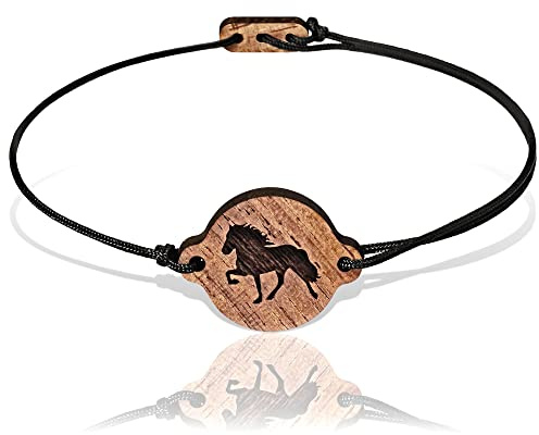 Skonida verstellbares Pony Armband - Pferde Armbändchen aus Holz braun mit Isländer Gravur - Horse Bracelet mit schwarzer Leine - Reiter Geschenk in edler Box