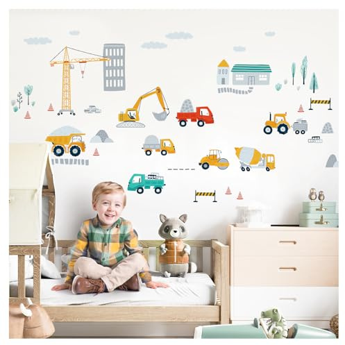 DEKO KINDERZIMMER Wandsticker Fahrzeuge Set Kinderzimmer Babyzimmer Auto Kran Transporte Wandtattoo Bagger selbstklebend Wandaufkleber DK1038-4