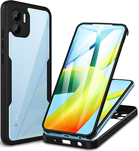 CENHUFO Funda Xiaomi Redmi A1 / A2 4G, 360 Grados Antigolpes con Protector Pantalla Integrado Robusta Doble Cara Case Transparente Anti-Amarilleo Capa Carcasa para Xiaomi Redmi A1 / A2 4G - Negro