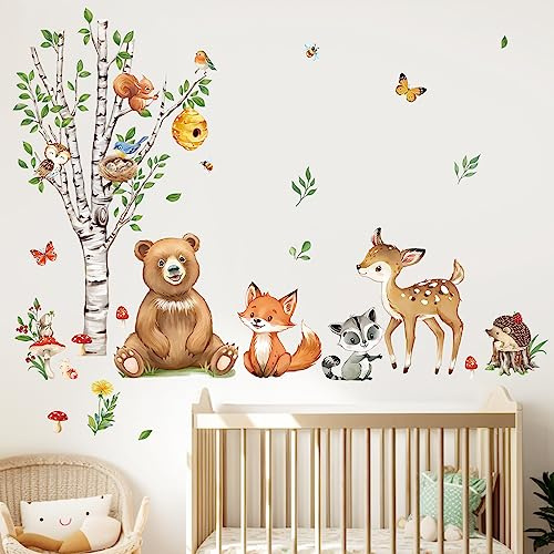 decalmile Wandsticker Waldtiere Birke Baum Wandtattoo Bär Fuchs Hirsch | Abziehbare und Aufklebbare Wandaufkleber, DIY Abnehmbare Wandkunst Abziehbilder, Wandfreundlich, Leuchtenden Farben