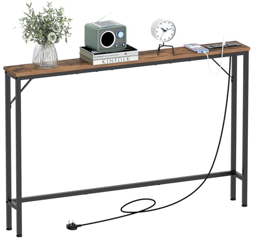 VEDECASA 5.9 Skinny Console Table with Charging Station Narrow Long Behind Couch Table with Power Outlets USB Ports Slim Sofa Table for Entryway Living Room Hallway Office Sturdy Steel Frame