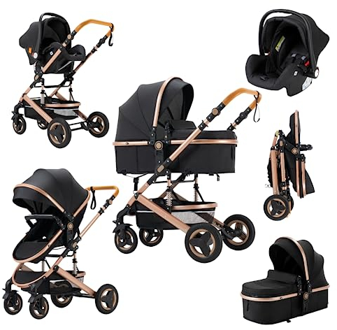 YAZOCO kinderwagen 3 in 1 Buggy Babybett Komplett Set Einem Klick Zusammenklappbarer Kinderwagen, KombiKinderwagen Aluminiumrahmen für Neugeborene Sitzzubehör (2 schwarz)