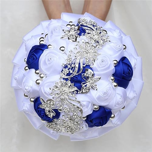 DBDJWHJ Hochzeitsaccessoires, königsblauer weißer Blumenstrauß für Hochzeit, Party-Dekoration, handgefertigte Braut- und Brautjungfern-Handblume, königsblau, weiß, 18–24 cm Durchmesser
