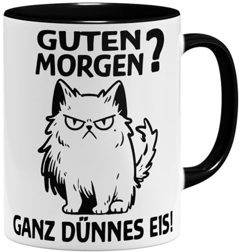OM3® lustige Kaffee-Tasse mit Spruch - Morgenmuffel Katze - Guten Morgen - Statement - Keramik Becher - 11oz 325ml - Beidseitig Bedruckt - Schwarz