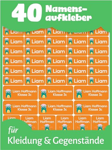 Personalisierte Namensaufkleber im Set - Kindergarten (40 Stk, Orange) | Wasserfeste Namensetiketten für Kleidung & Gegenstände, Namenssticker Kinder in verschiedenen Größen