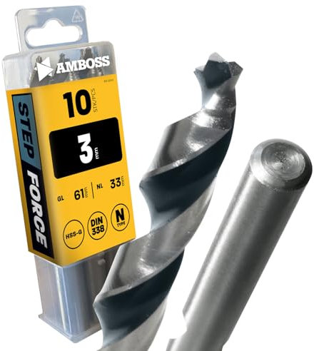 10 punte elicoidali Step Force Ø 3,0 mm – HSS-G DIN 338 per acciaio, acciaio da costruzione, alluminio, metalli non ferrosi AMBOSS WERKZEUGE®, profilo – esagonale per trapano, trapano a batteria,