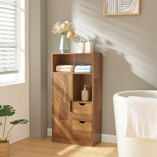 [en.casa] Mueble Baño Auxiliar Namsskogan con 4 Compartimentos 2 Cajones Armario Midi con Puerta Mueble Bajo para Dormitorio Aglomerado Tirador de Metal 100 x 50 x 25 cm - Efecto Nogal