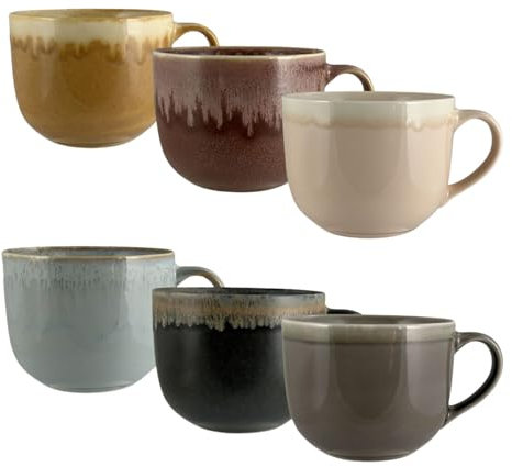 ARCA, Set 6 Tazze Reactive Jumbo, Realizzate in Ceramica, Semplici e Pratiche, Lavabili in Lavastoviglie, Colori Assortiti, Capacità 450 ml, 11x9 cm