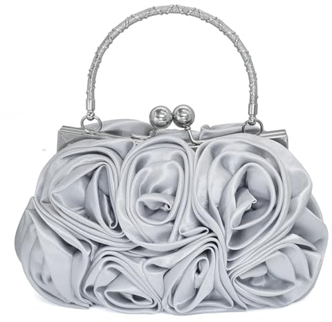 Initlove Satin Flower Clutch Bags for Women Rose Evening Prom Purse Bridal Handbag for Wedding