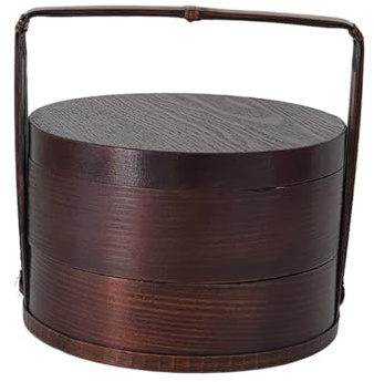 perfk Tragbare Bento-Box mit Griff, stabile Sushi-Box, praktisch, hölzerne Bento-Box mit Doppelschicht für Zuhause, Picknick im Freien, Bauernhaus, Dunkelbraun, 15x15x20 cm