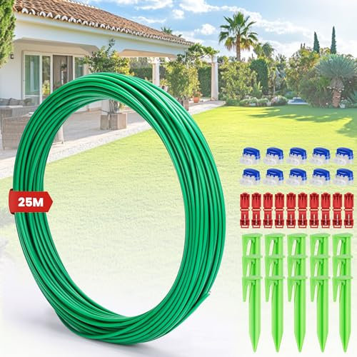 COZCLAM 25m Câble de délimitation +25 Piquets +10 Connecteurs de Câble +10 Bornes De Connexion pour Tondeuses Robot, Kit d'accessoires Câble de Recherche Universel, Compatible avec Gardena/Bosch/Worx
