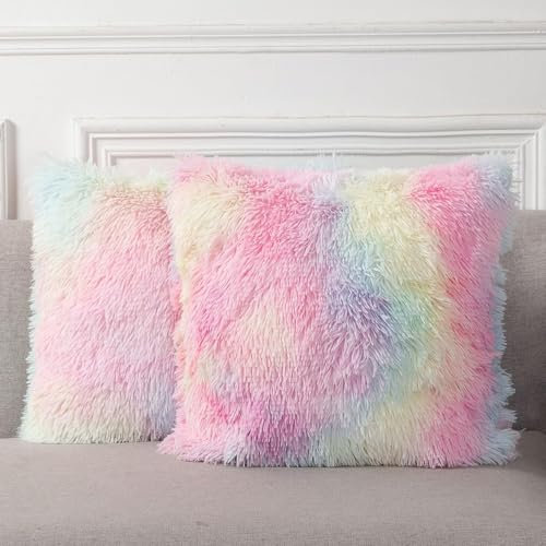 DJDEA Kissenbezüge 2er Set - Kuschelkissen Flauschig Kissen 50x50 Bezug - Künstlich Pelz Sofakissen - Dekorative Dekokissen - Kissen Flauschig Kissenbezug für Sofa 50x50 cm (Regenbogen, 50 x 50cm)