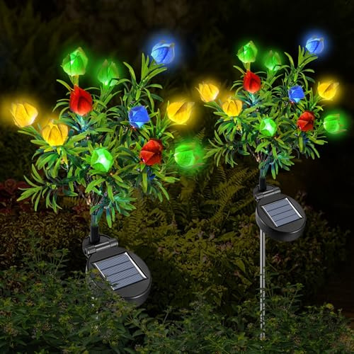 Qoosea Luces Solares Jardín Exterior, 2 Piezas Luz Solar de Flores Gardenia LED, Lámparas Solares Decorativa IP65 Impermeable, Decoración para Patio, Césped, Boda, Fiestas, Navidad (Multicolor)