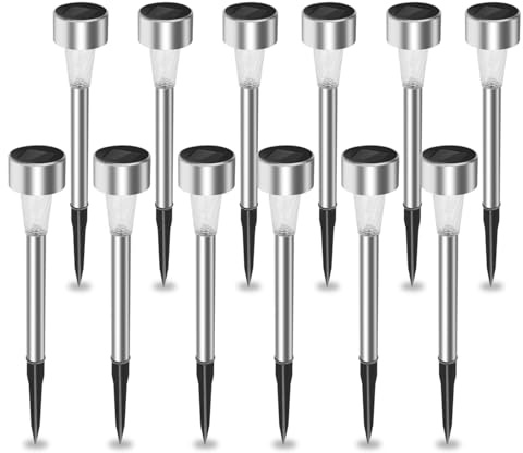 Aigostar Luces Solares Jardín 12 Pcs: Lamparas Solares Jardín 6500K Luz Blanca Fría - IP44 Impermeable Acero Inoxidable, para Pasillo, Césped, Patio