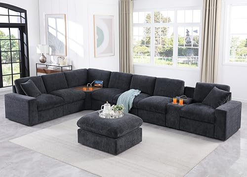 Ball & Cast 157 Oversized Modular L-Shaped Sectional Sofa,Large Chenille Upholstered Couch 8 Seat with Ottoman,Cup Holders&USB Ports,Comfty Sectionals W/Pillows&Storage Box,for Living Room,Dark Gray