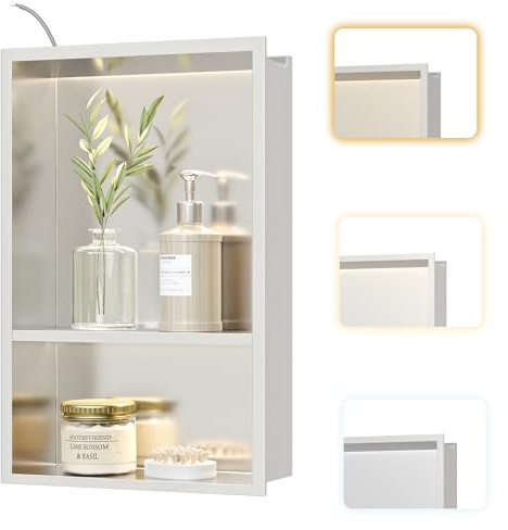 Neohomee Wall Recess Shower Stainless Steel with LED Light, 3 Colours, Embedded Shower Niche with Shelf 45 x 30 cm for Bathroom Storage and Decoration