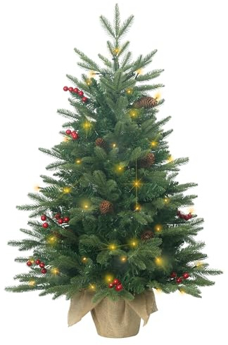 Pre-lit Christmas Tree 90cm/3ft,Artificial Xmas Tree with 185 PE & PVC Branch Tips & 12 Red Berries & 10 Pinecone & 70 LED String Lights & Burlap Wrapped Base for Tabletop,Battery Operated