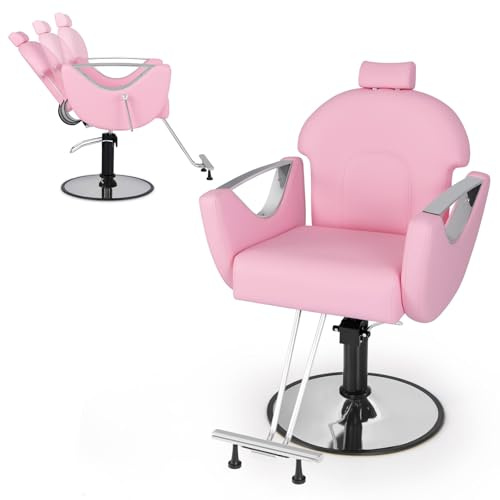 COSTWAY Silla de Peluquería Reclinable, Silla de Barbero Ajustable en Altura y 360°Giro, con Bomba Hidráulica, Esponja Densa y Base Metálica Estable, Ideal para Peluquería, Tatuajes y SPA (Rosa)