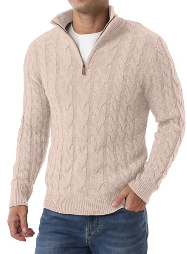 QIXING Suéter de punto trenzado para hombre, cuello alto falso, cremallera de 1/4, suéter de invierno para hombre, I07 Caqui, XXL