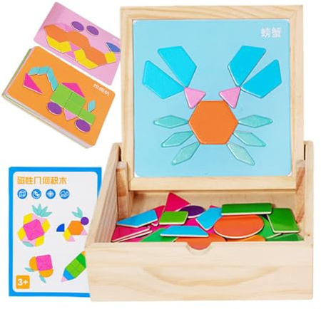 Magnetic Tangrams - Wooden Educational Puzzle for Learning and Play, Geometric Toy with Colorful Shapes, Preschool Kindergarten for Kids Boys Girls Students, Classroom Activity