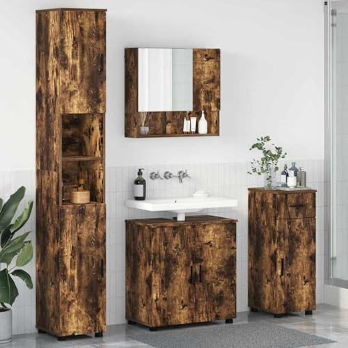 QUAHEAS badrumsmöbelset, 4 delar, rökt ek, modern design, väggmonterat tvättställ, med spegel, förvaringsutrymme för handdukar, trämaterial, metallhandtag