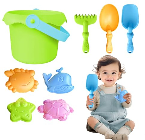 Sandspielzeug für Kinder – Strandspielset aus weichem Silikon, 8-teilig, einschließlich Burgformen, Eimer, Schaufel, Rechen, Sandkasten-Set für den Außenbereich, tragbares, leichtes Design | Kreatives