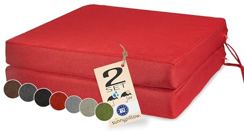 sunnypillow 2er Set Stuhlkissen 45 x 45 cm wasserdicht UV-lichtecht 7cm dick - Outdoor Polsterauflage mit Bändern - Auflage für Stühle,Bänke - Sitzkissen Stuhlauflage für Haus und Garten - Rot