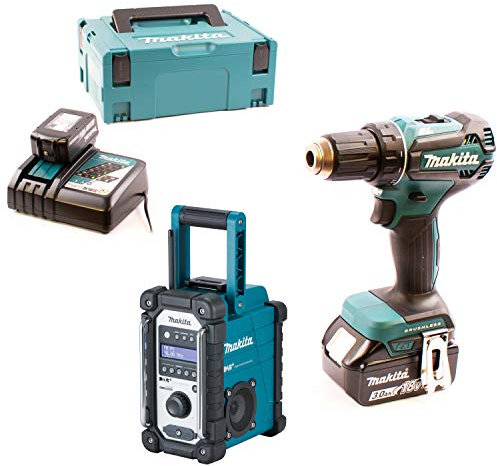 Makita Baustellenradio DMR110 + Bohrschrauber DDF485RFJ 2x 3,0 Ah|Lader|MAKPAC