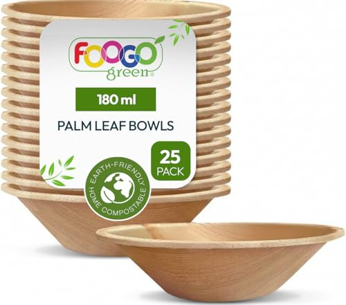 FOOGO Gröna engångshandflata blad skålar | soppa, sallad, doppskålar | fyrkantiga & runda | miljövänliga | 100 % naturlig | fest och bröllop | Liksom bambuskål | Rustik | Plastskålar alternativ | Medium 5 inch (12cm)