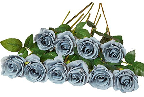 DuHouse Konstgjorda rosor, falska silkesblommor, brudbuketter med enkla långa plaststjälkar för arrangemang, bröllopsbord, bordsuppsats, fest, heminredning (dammigblå) | Realistiska rosbuketter med enkla långa plaststjälkar för arrangemang bröllopsbord bordsuppsats fest heminredning