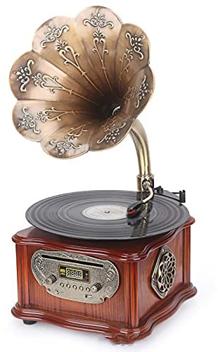 Nostalgic Gramophone,Au,Turntable All in One Vintage Phonograph,for LP with Copper Horn,Record Player Retro - -in USB FM Radio,Bluetooth audio