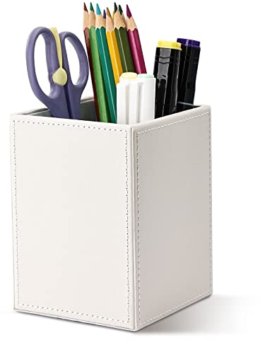 GORESE Quadratischer Leder Stiftehalter, Stifteköcher Schreibtisch Organizer Stiftebox Bleistifthalter Füllfederhalter Pinselhalter Organizer für Büro, Schule, Haushalt und Kinder (Weiß)