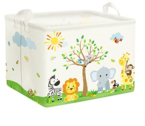 Clastyle Waldtier Kinder Wäschekorb mit Henkel Faltbar Blatt Kleidung Spielzeug Aufbewahrungskorb Jungen Mädchen Aufbewahrungsbox für Babyzimmer Bad, Löwe Elefant, 40 * 30 * 30 cm