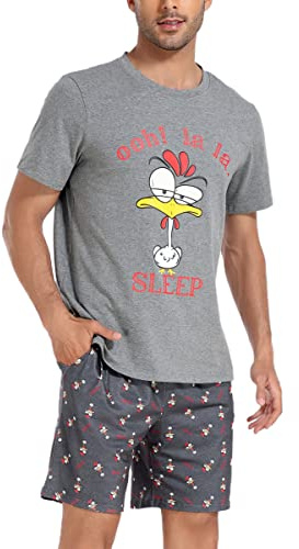 Jezonga Pigiama da Uomo in Cotone Pigiama Estivo Corto Set Manica Corta Modello Carino Stampa Sleepwear Loungewear(Grigio Scuro,L