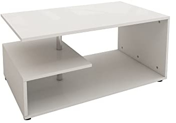 ML-Design Soffbord vit med dekorativ metallstång, 91x41x52,6 cm, modernt vardagsrumsbord, rymligt soffbord med förvaringsutrymme på 3 hyllor, sidobord i trä, vardagsrumsmöbler soffbord träbord